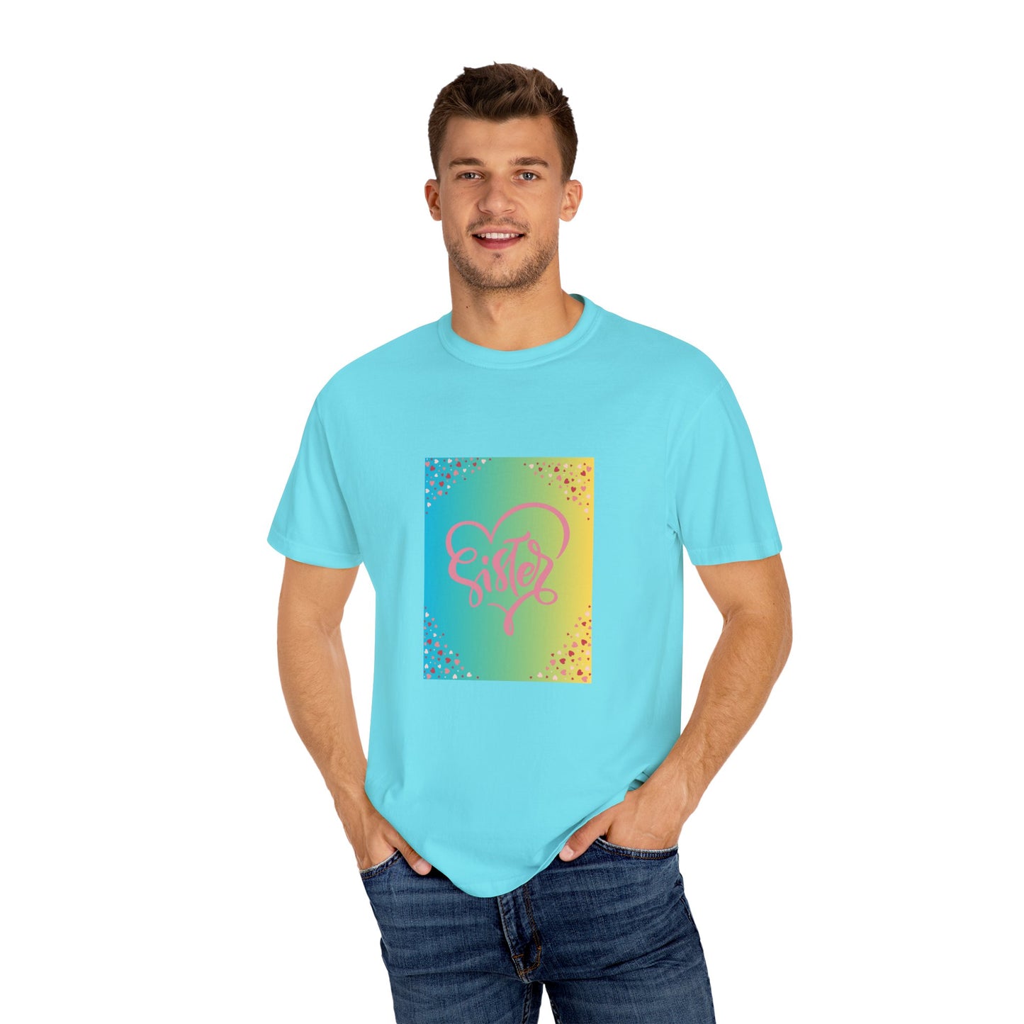 Sister Love Garment-Dyed Unisex T-Shirt - Colorful Heart Design