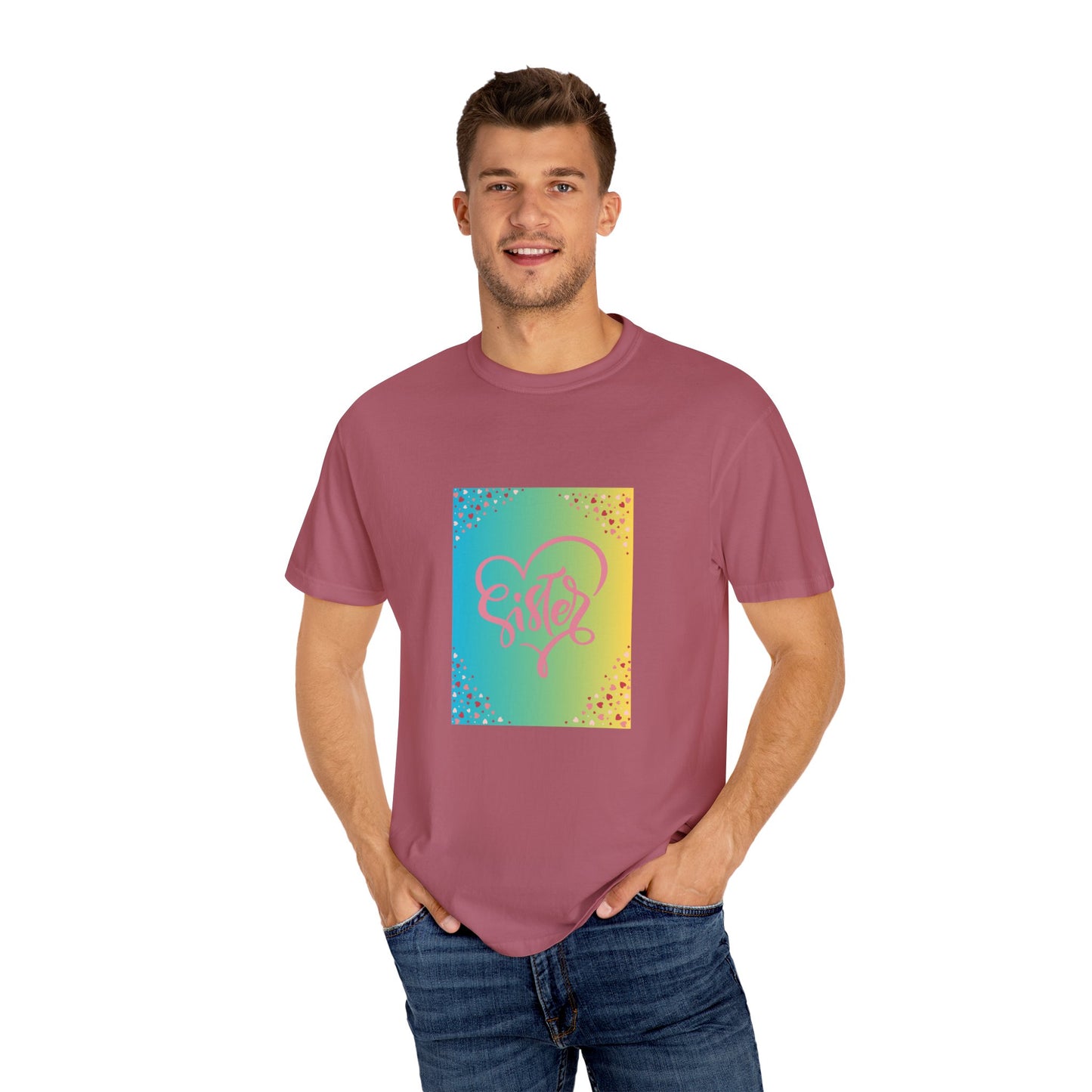 Sister Love Garment-Dyed Unisex T-Shirt - Colorful Heart Design