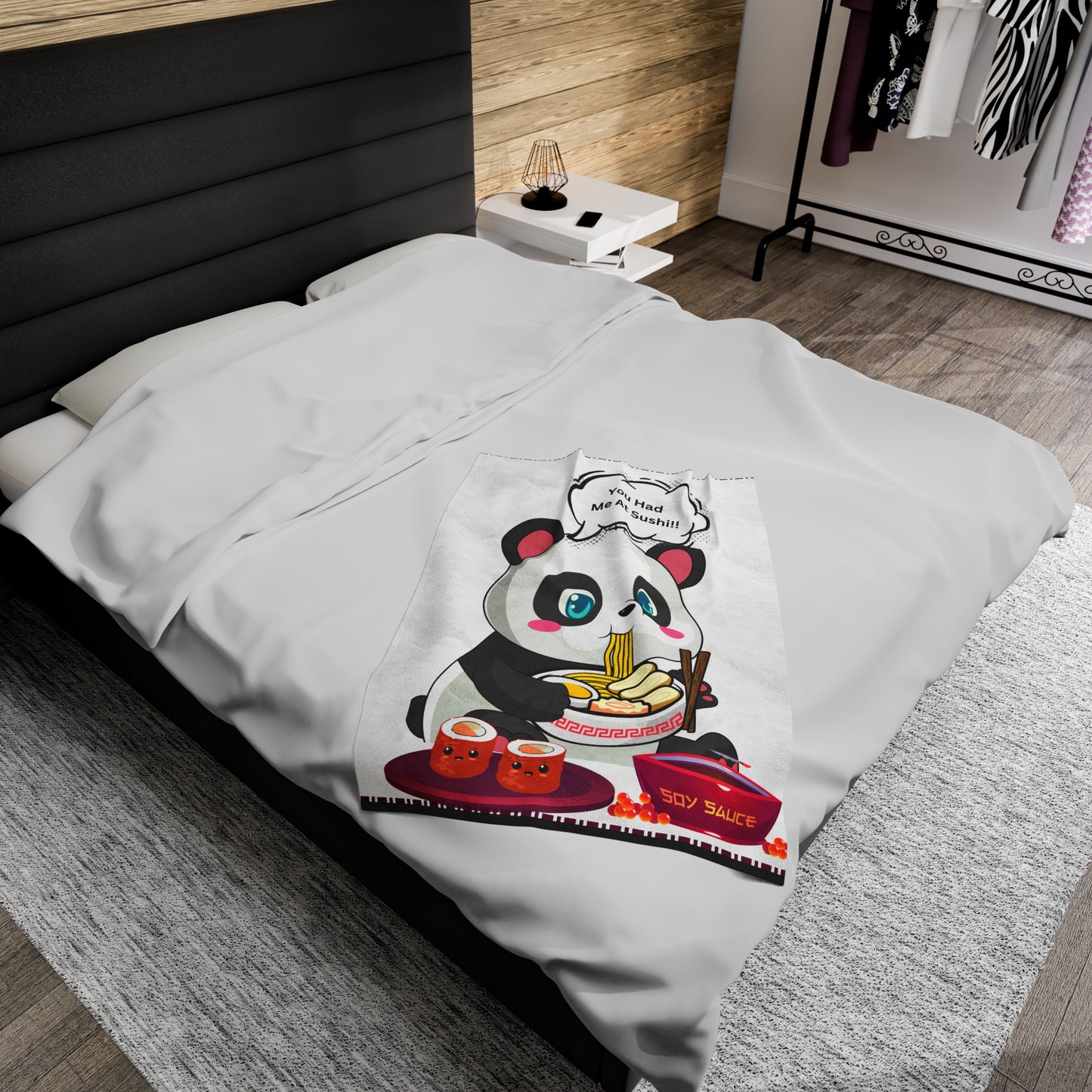 Sushi Lover Cute Panda Plush Blanket - 'You Had Me At Sushi' Design