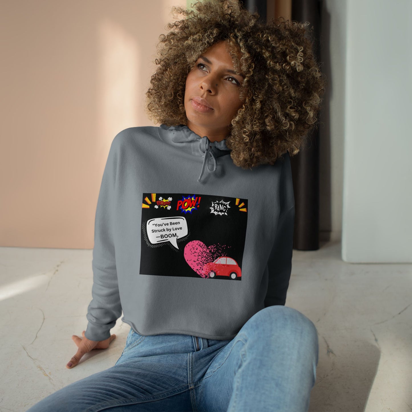 You been Struck by Love-Fun Pop Art Crop Hoodie - Cute Heart Car Design