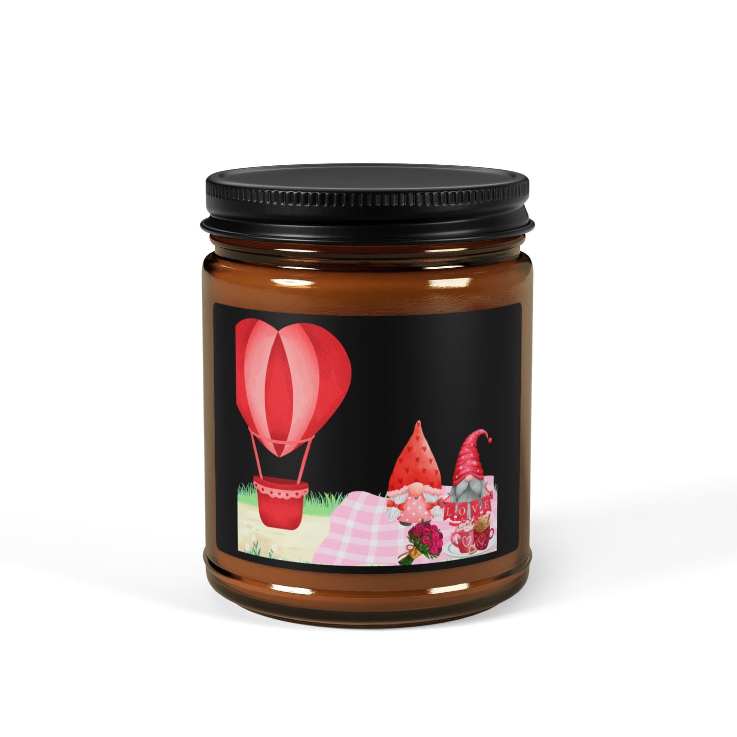 Love is in the Air Valentines Day -Whimsical Hot Air Balloon Scented Soy Candle - Multi-Size Amber Jar