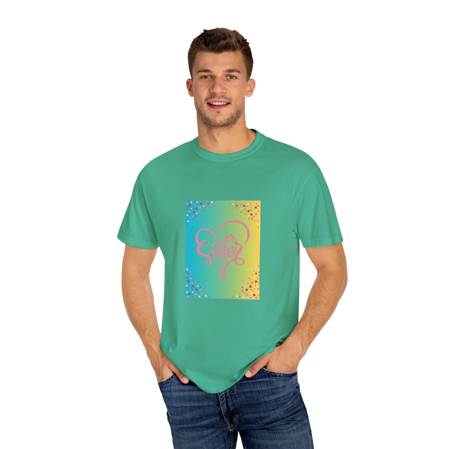 Sister Love Garment-Dyed Unisex T-Shirt - Colorful Heart Design