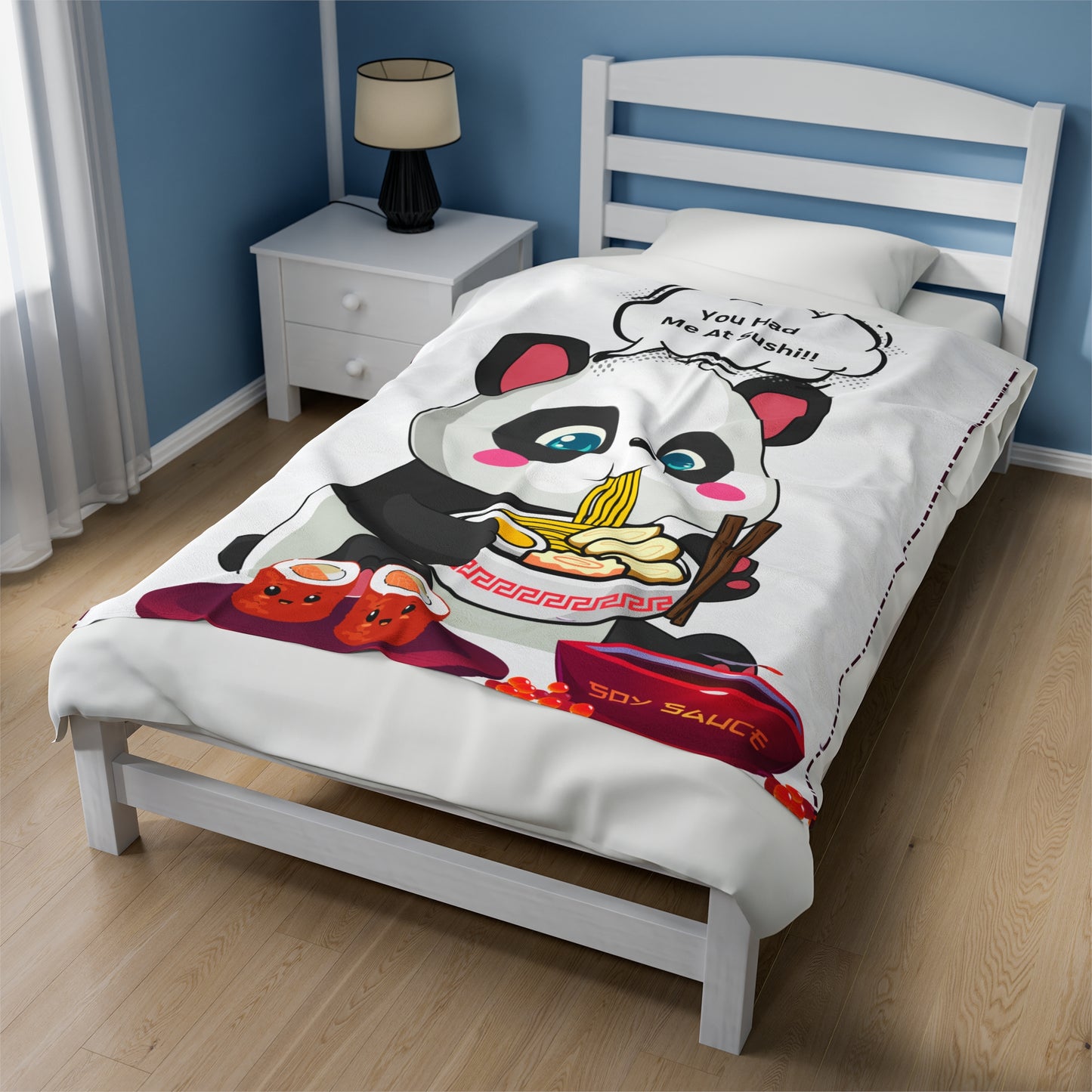 Sushi Lover Cute Panda Plush Blanket - 'You Had Me At Sushi' Design