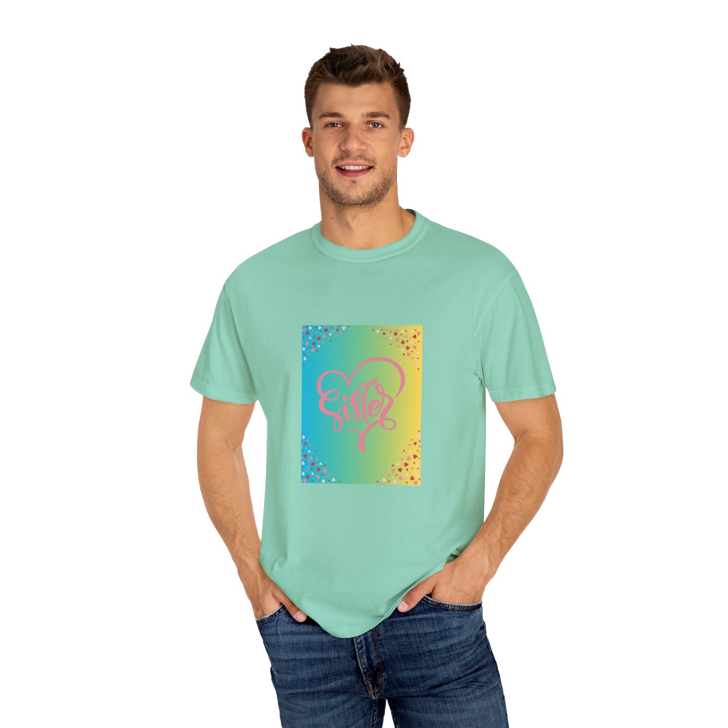 Sister Love Garment-Dyed Unisex T-Shirt - Colorful Heart Design