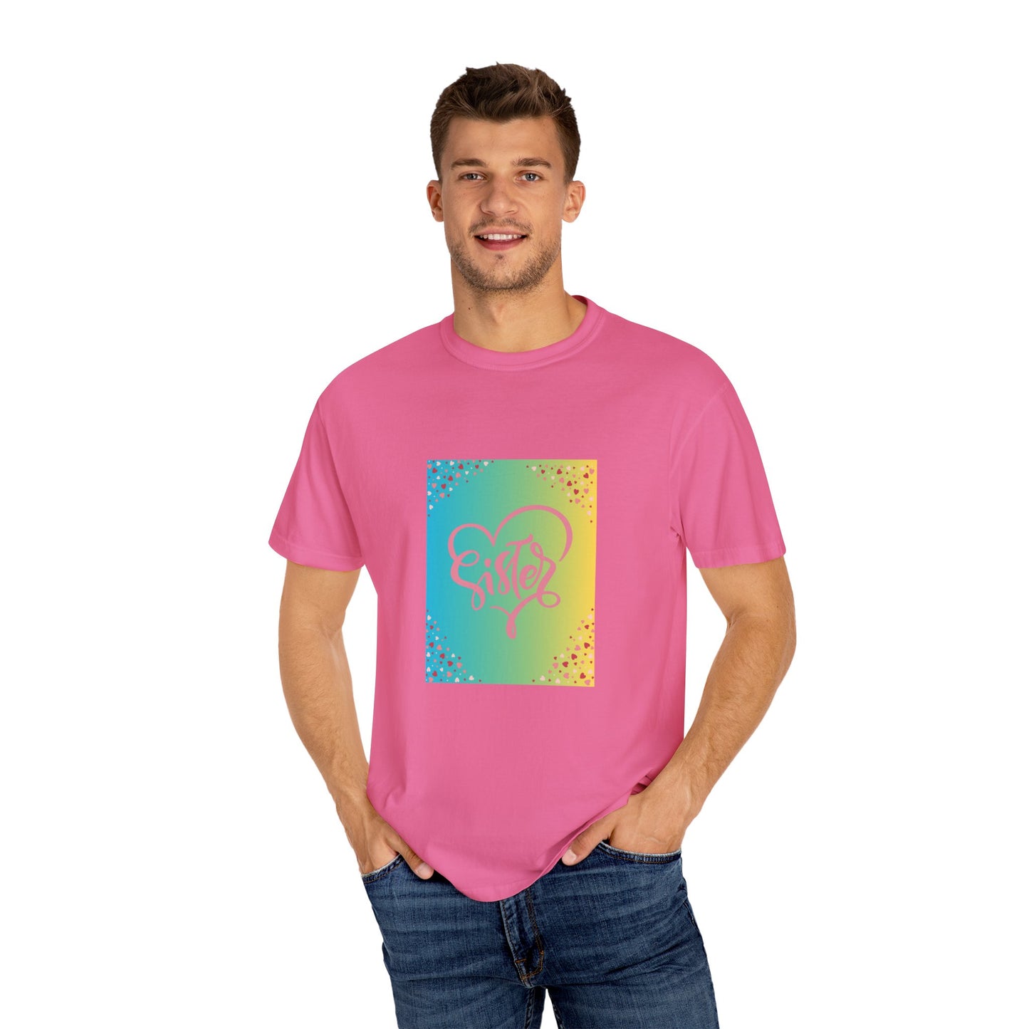 Sister Love Garment-Dyed Unisex T-Shirt - Colorful Heart Design