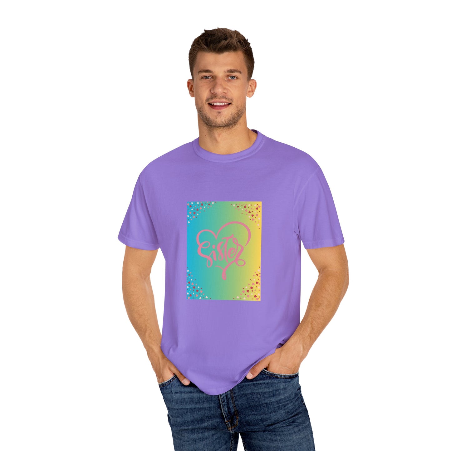 Sister Love Garment-Dyed Unisex T-Shirt - Colorful Heart Design