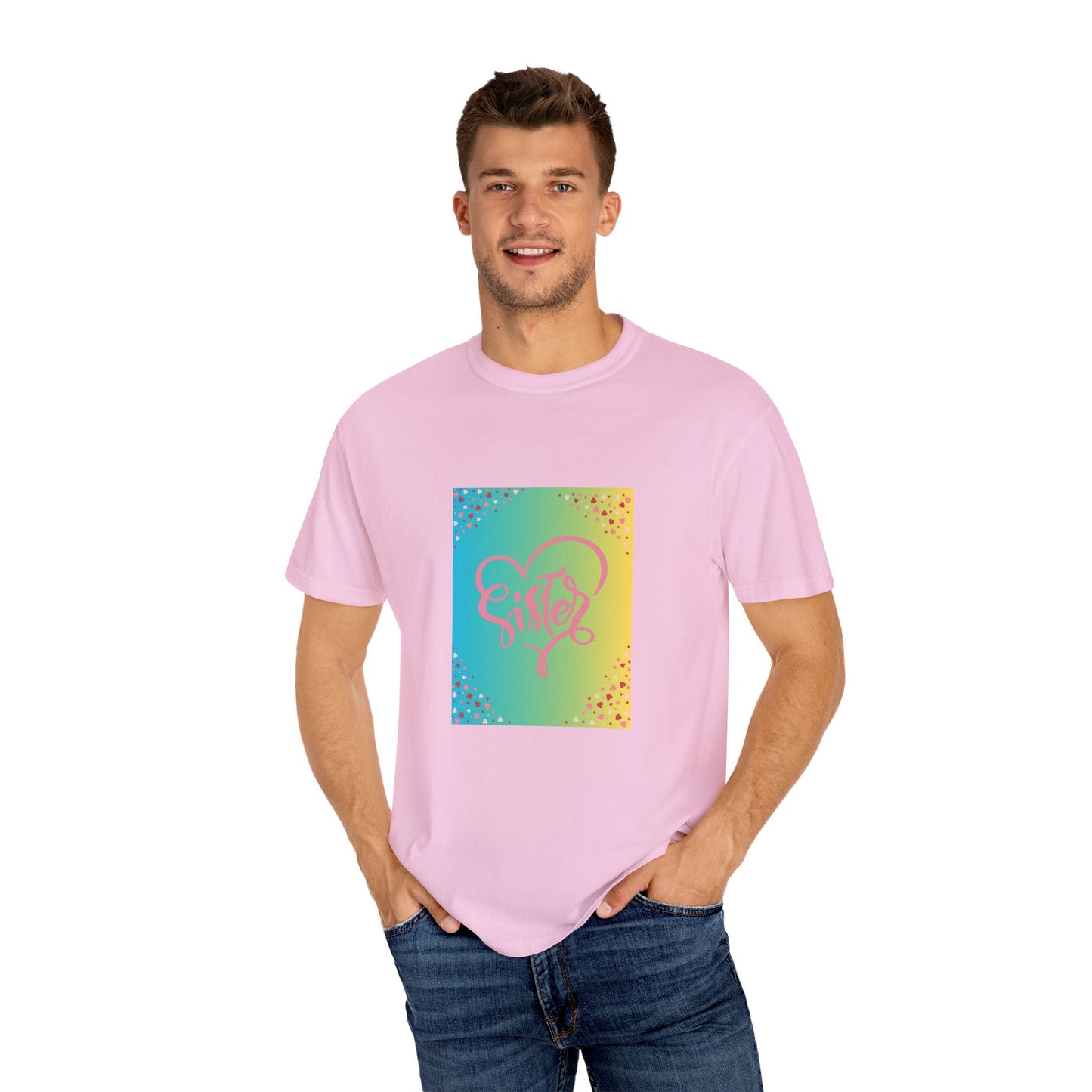 Sister Love Garment-Dyed Unisex T-Shirt - Colorful Heart Design