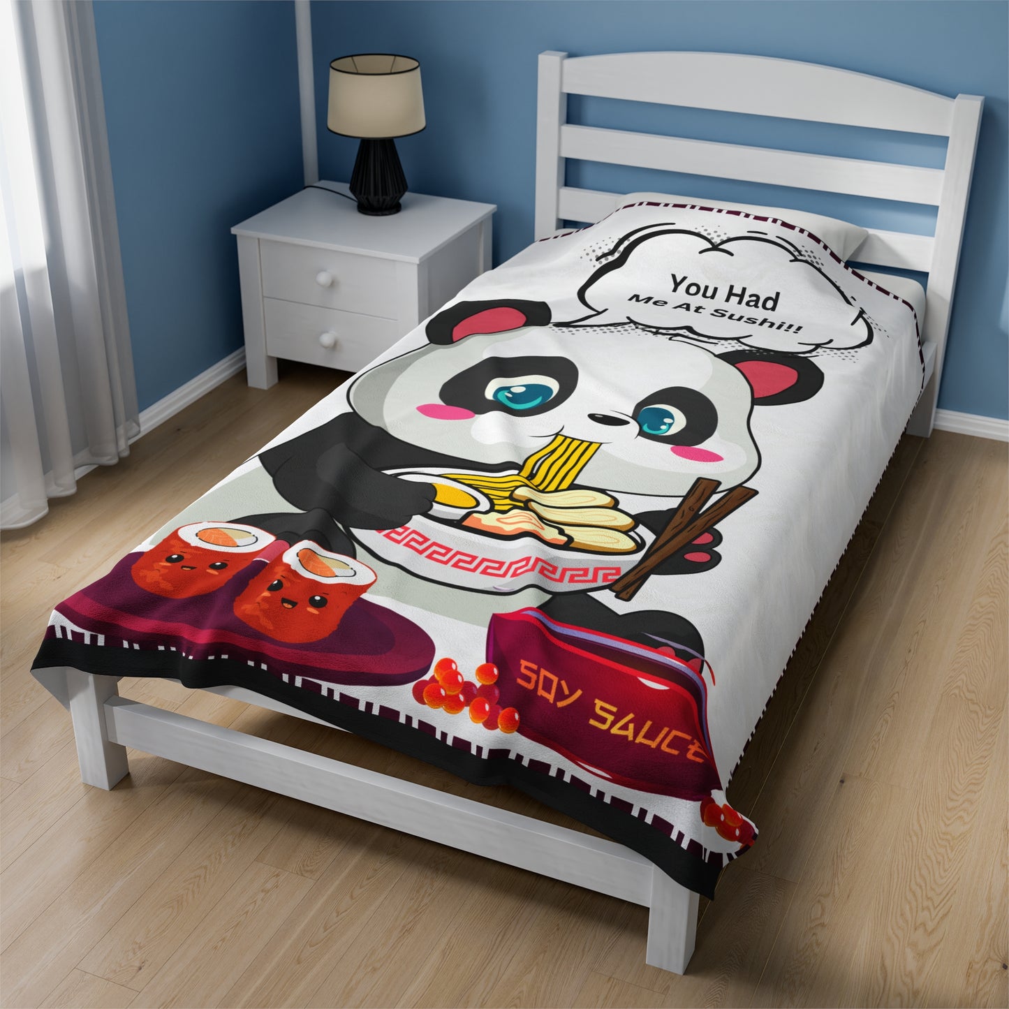 Sushi Lover Cute Panda Plush Blanket - 'You Had Me At Sushi' Design