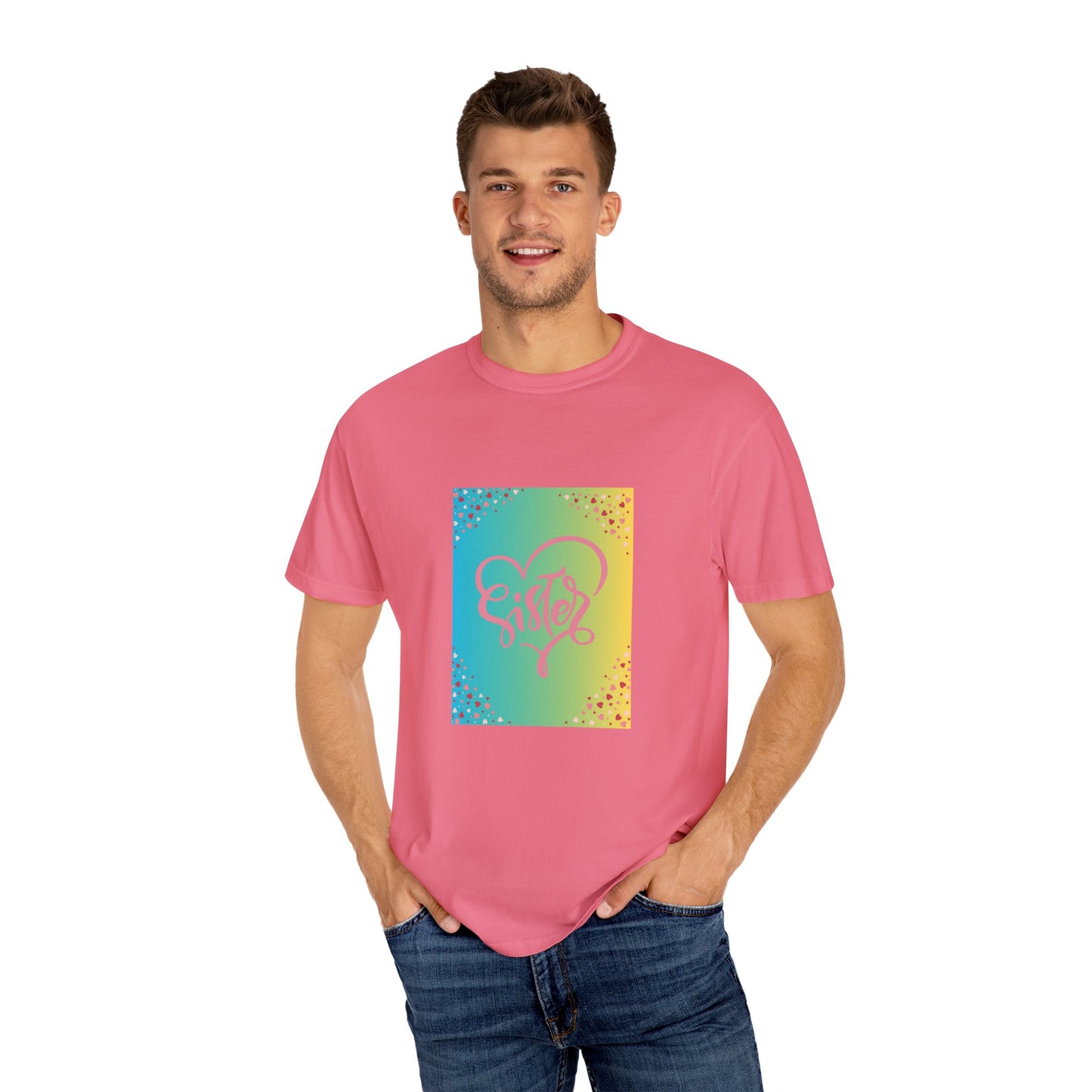 Sister Love Garment-Dyed Unisex T-Shirt - Colorful Heart Design