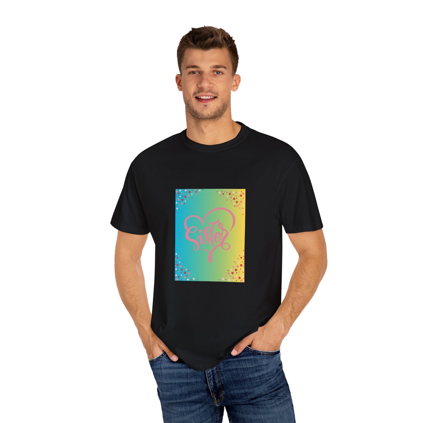 Sister Love Garment-Dyed Unisex T-Shirt - Colorful Heart Design