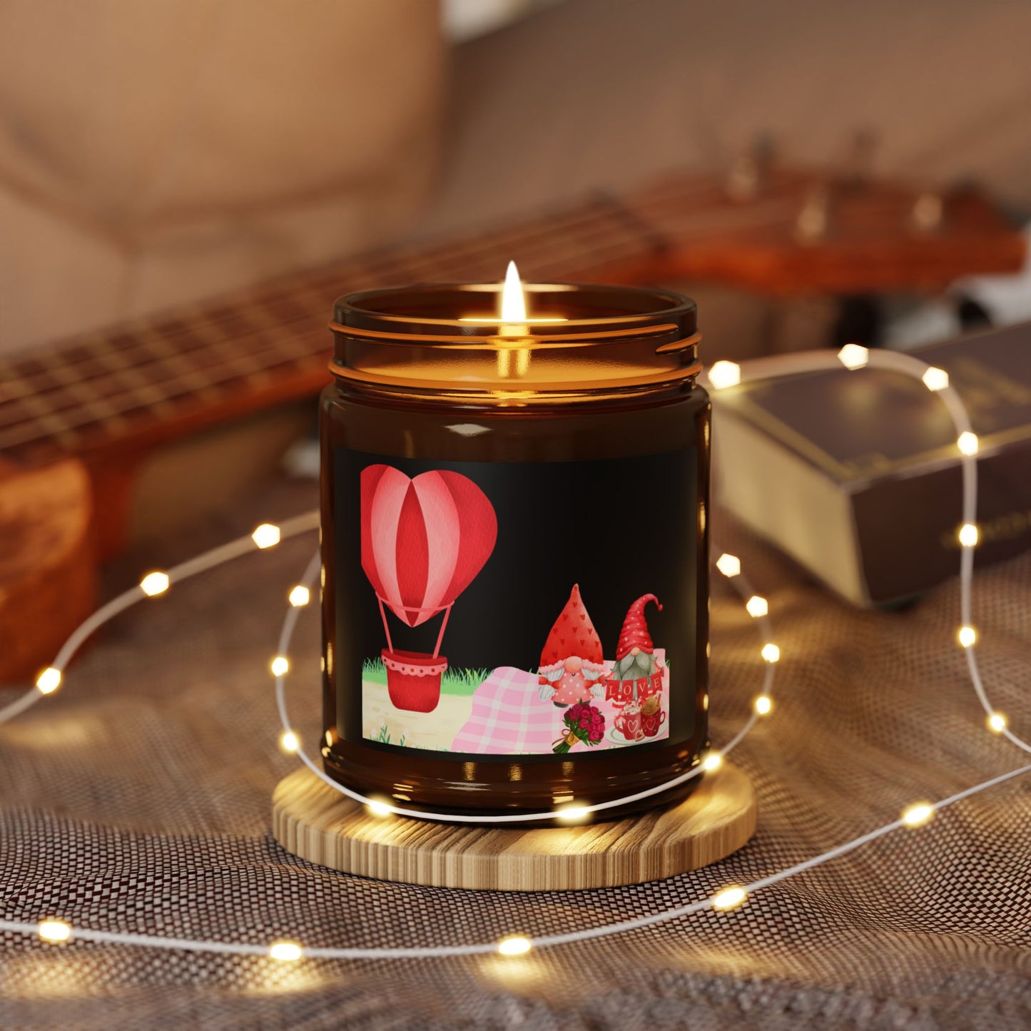 Love is in the Air Valentines Day -Whimsical Hot Air Balloon Scented Soy Candle - Multi-Size Amber Jar