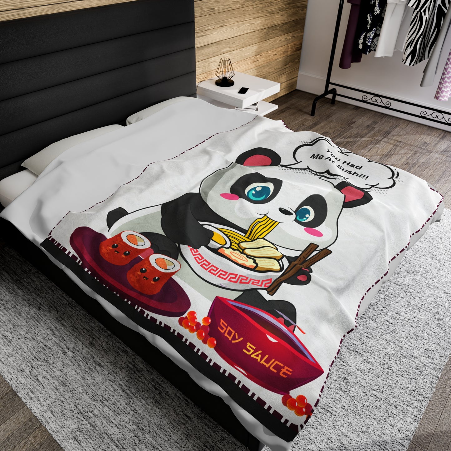 Sushi Lover Cute Panda Plush Blanket - 'You Had Me At Sushi' Design