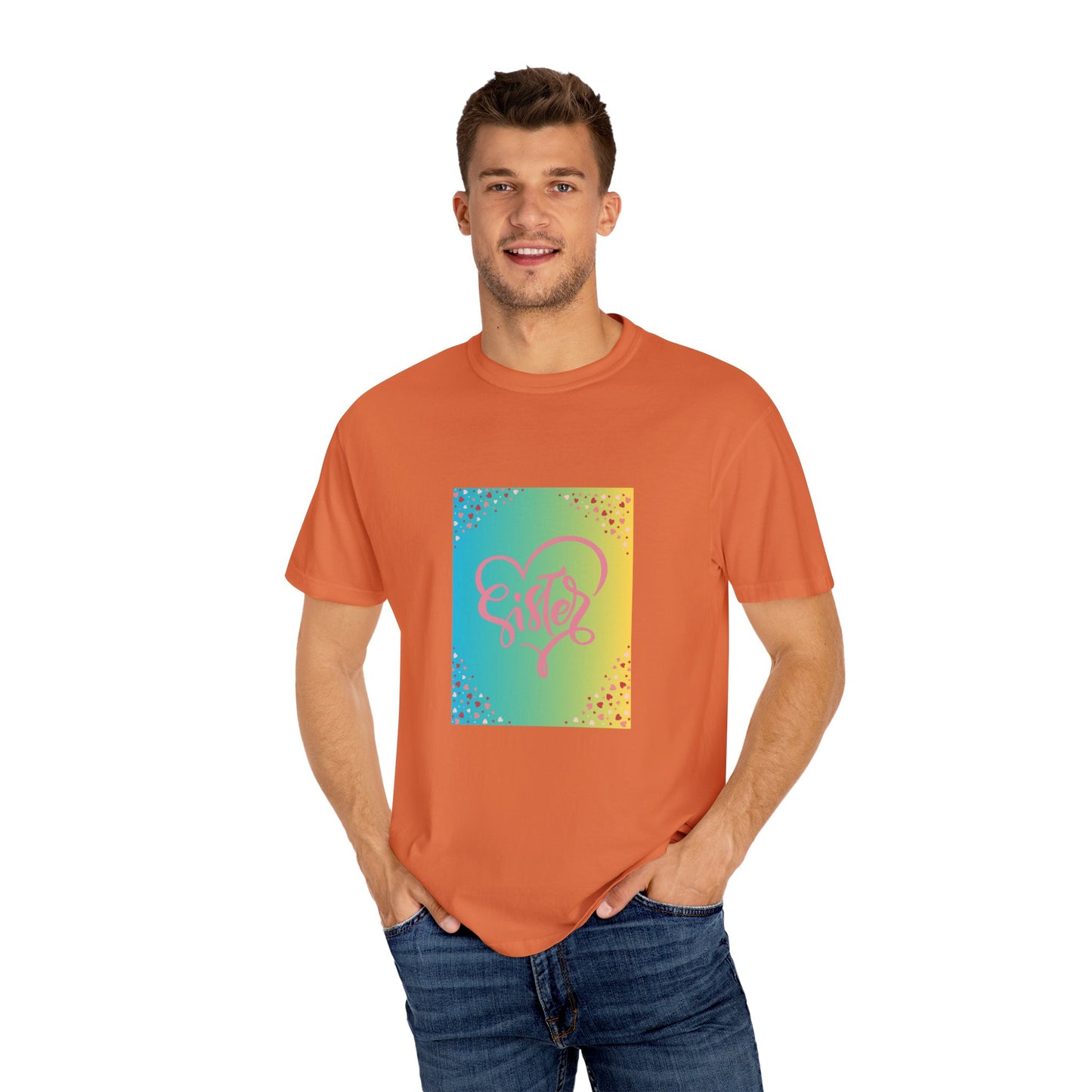 Sister Love Garment-Dyed Unisex T-Shirt - Colorful Heart Design
