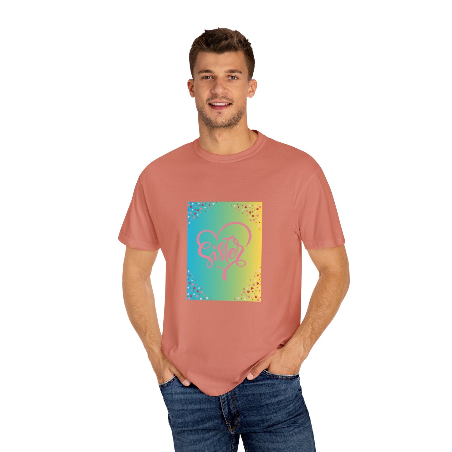Sister Love Garment-Dyed Unisex T-Shirt - Colorful Heart Design