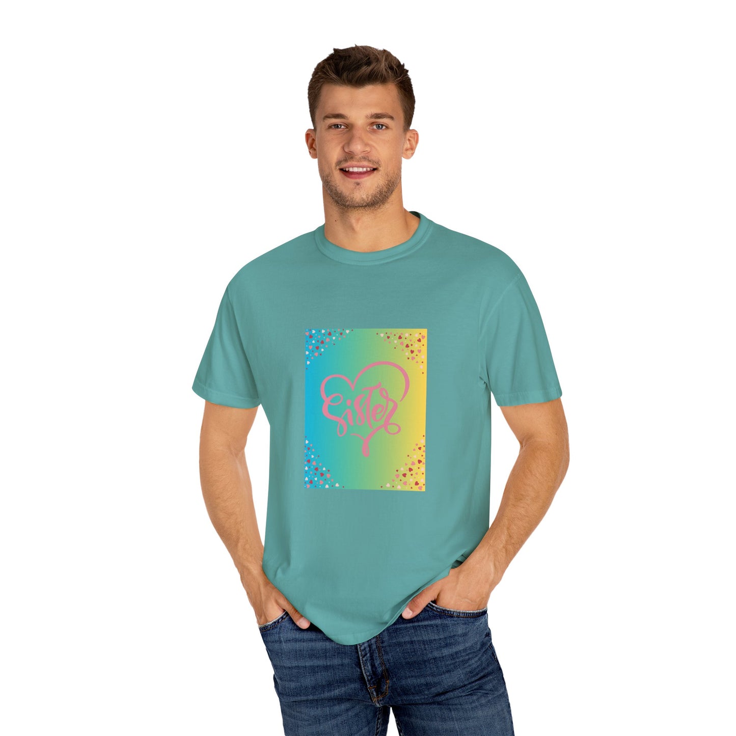 Sister Love Garment-Dyed Unisex T-Shirt - Colorful Heart Design